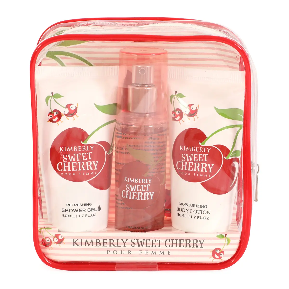 Kimberly Sweet Cherry, Body Mist Fragrance, Shower Gel, Body Lotion 3pc Gift Set Pouch for Women 50ml