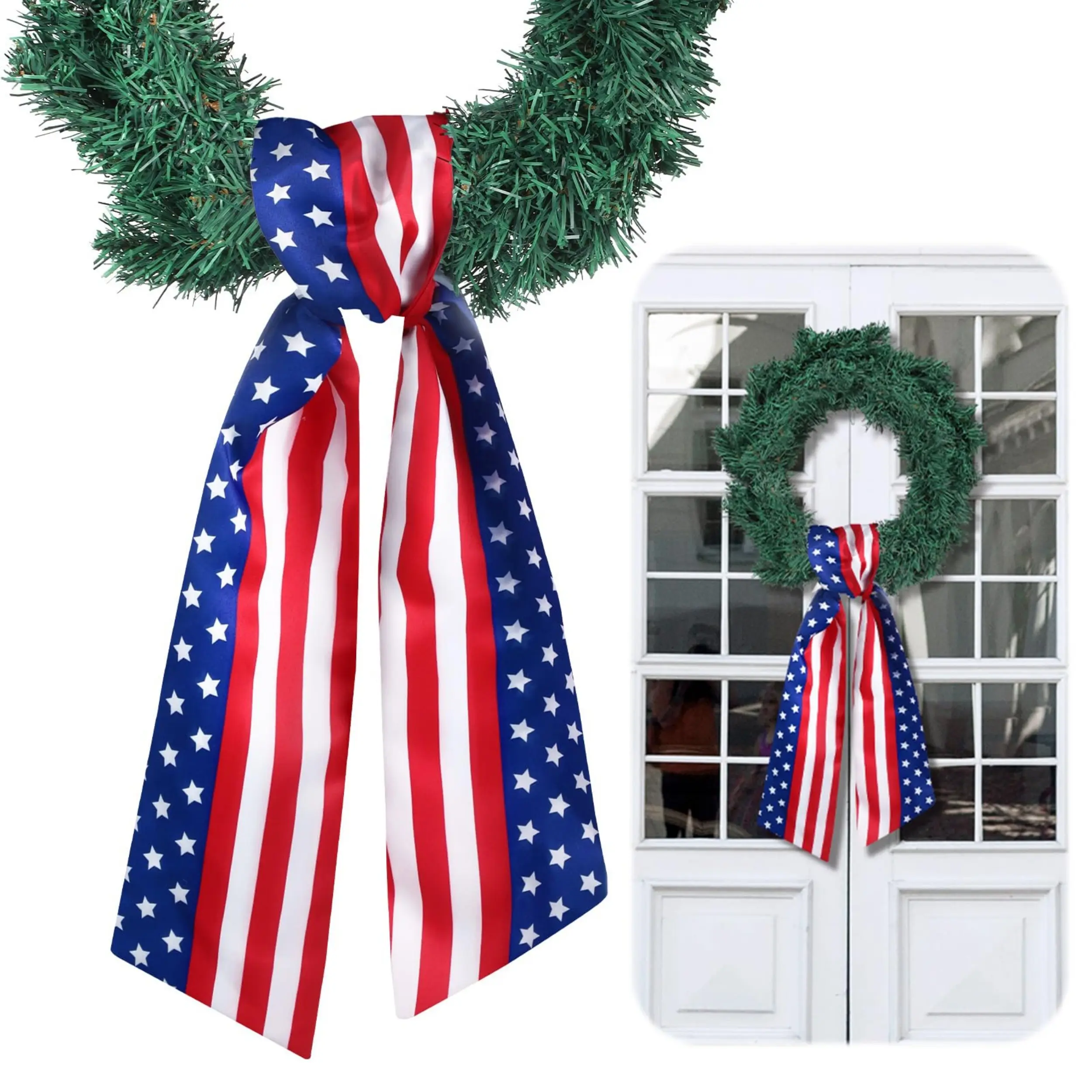 4th of July Classic Embroidered Wreath Sash - Farmhouse Wrinkle-Resistant Red-White-Blue Stars and Stripes Satin Ribbon, USA 250th Anniversary Memorial Day Decor for Decor Enthusiasts, Front Door Ornament Gift