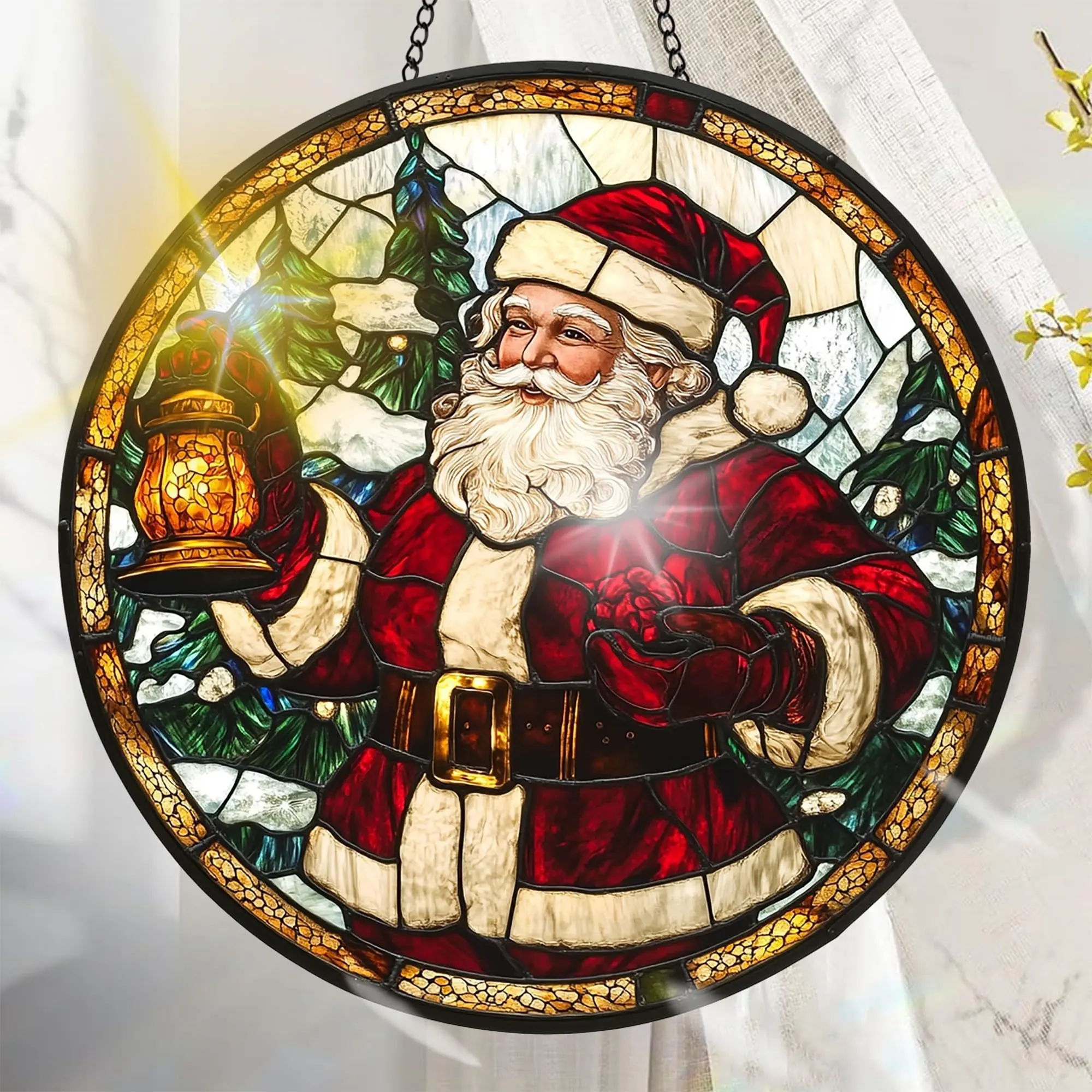 Santa Claus Stained Glass Suncatcher, Christmas Glass Window Hanging Decor for Home Porch Garden and Holiday Gifts