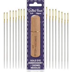 Gold Eye Crewel Embroidery Needles 3/9-16 Large Eye Sharp Point Needles for Embroidery & Hand Sewing With Premium Engraved Wooden Case (Sizes 3/9)