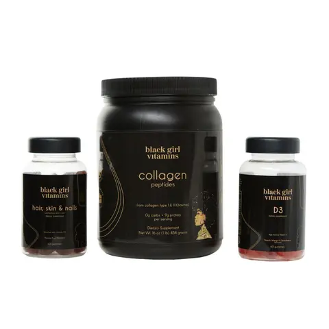 Black Girl Vitamins Beauty Bundle 3-Pack - Collagen Peptides Hair Skin & Nails D3 Supplement for Makeup Cosmetic Needs Edible Healthcare Dietary Fitness Women's Wellness Healthy Hair Radiant Skin