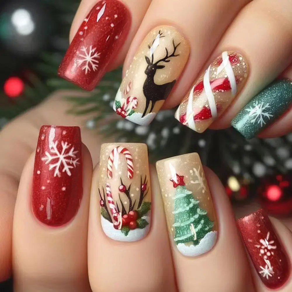 24pcs Christmas Tree Snowflake Cane Deer Press-On Nails Set, Includes Jelly Glue and Nail File, Perfect for Parties, Dancing, Daily Use