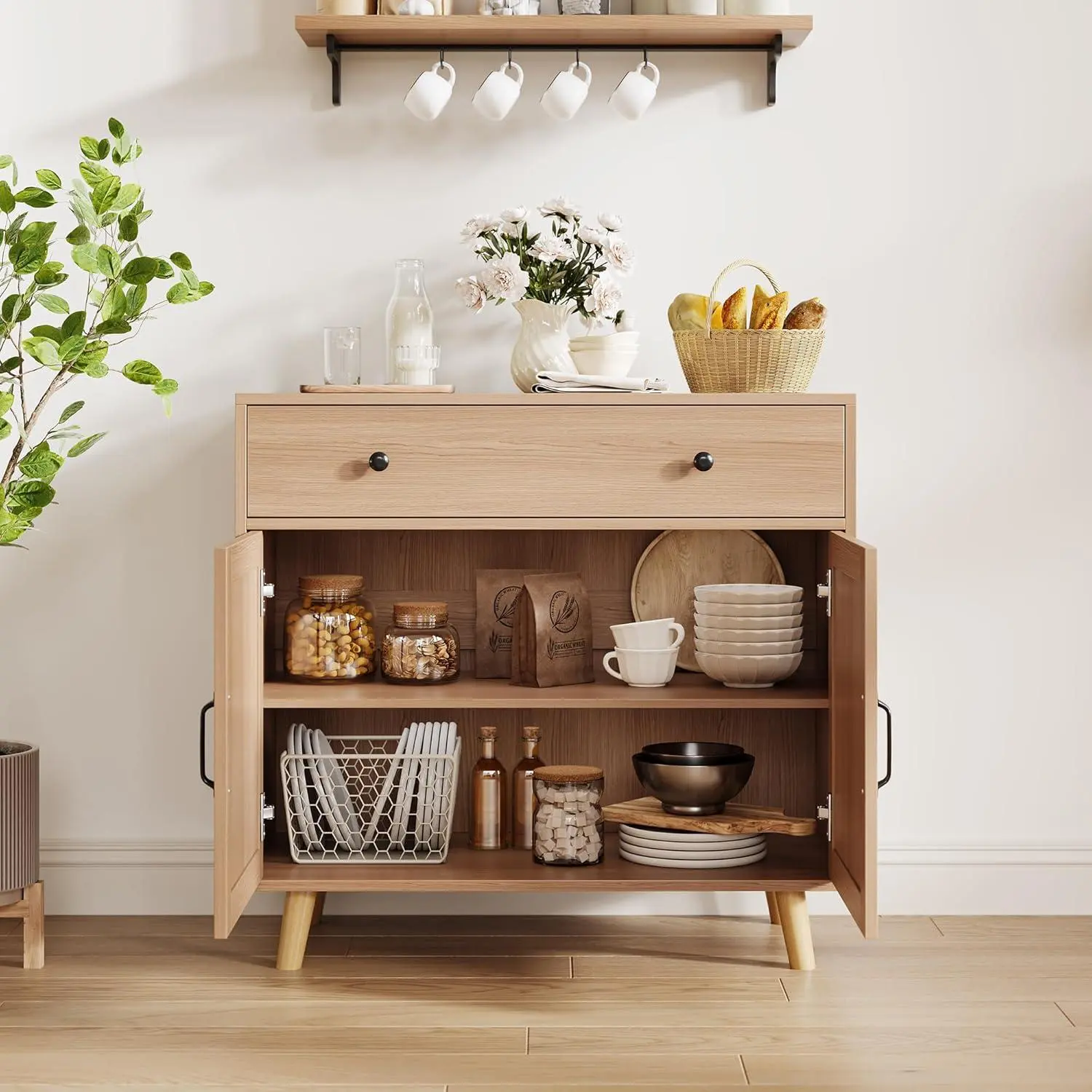 Sturdy Modern Wooden Sideboard Credenza - Reinforced Wood Buffet Cabinet with Drawers, Doors, Raised Legs, Assembly Required for Kitchen