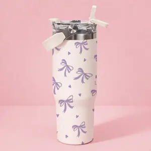 1pc 30oz Stainless Steel Tumbler with Handle, Purple Bow Print Thermal Mug with Lid And Straw, Keeps Hot 12H Cold 24H, Cute Insulated Cup for Travel, Office, Car, Unique Gift for Women