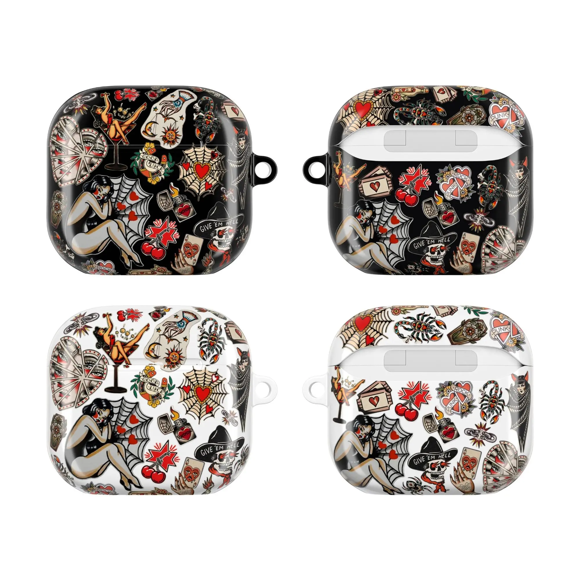 Old School Tattoo AirPods Case for AirPods 4 3 Pro 2, Vintage Pin Up Spider Web Cherry Punk Rock Protective Cover, Retro Flash Art Earbuds Case, Gift for Women Men