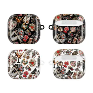 Old School Tattoo AirPods Case for AirPods 4 3 Pro 2, Vintage Pin Up Spider Web Cherry Punk Rock Protective Cover, Retro Flash Art Earbuds Case, Gift for Women Men