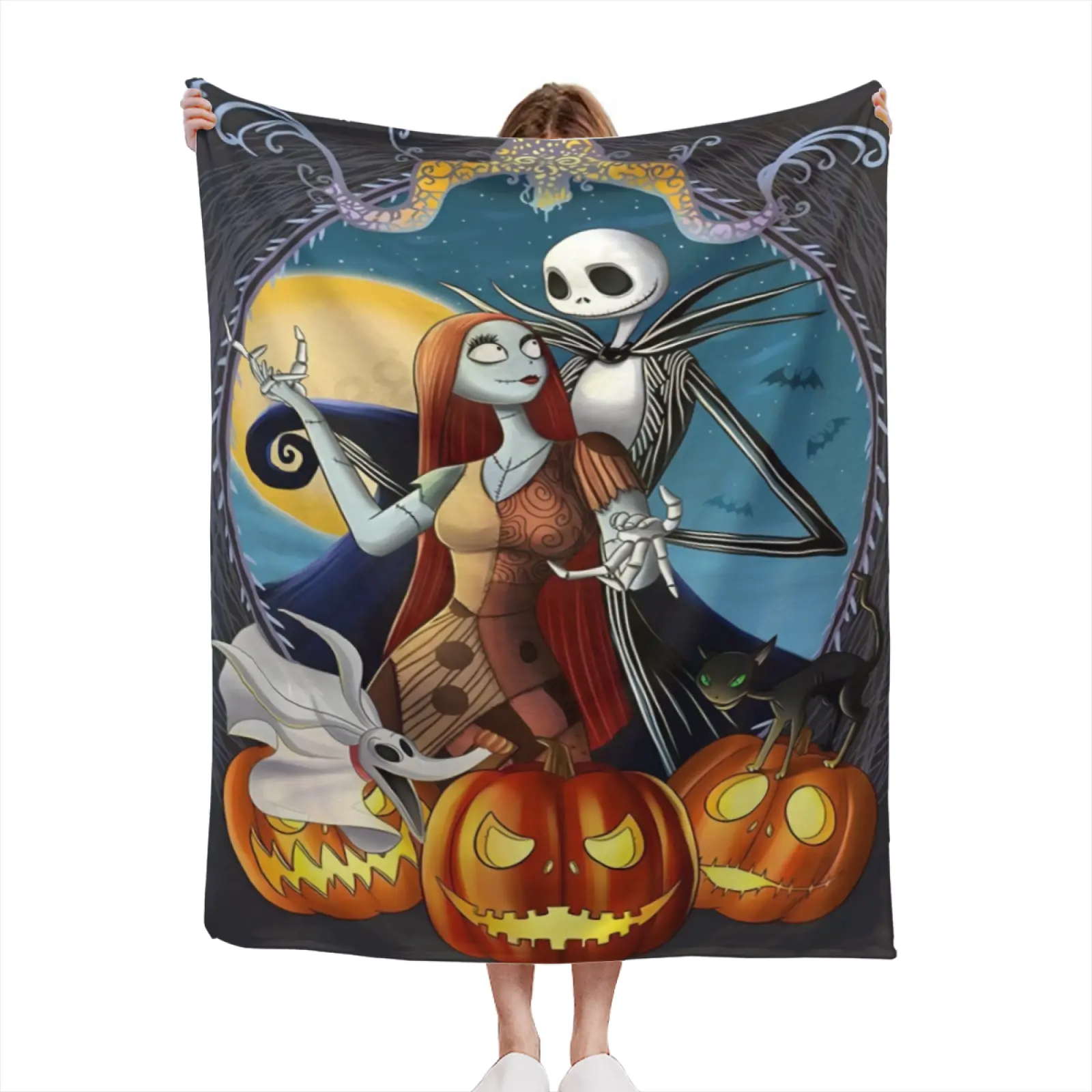 Disney The Nightmare Before Christmas Flannel Blanket, Jack Sally Zero Pumpkin Moon Design for Sofa Bedroom Halloween Party, Unisex Holiday Birthday Gift for Kids Adults Cartoon Lovers