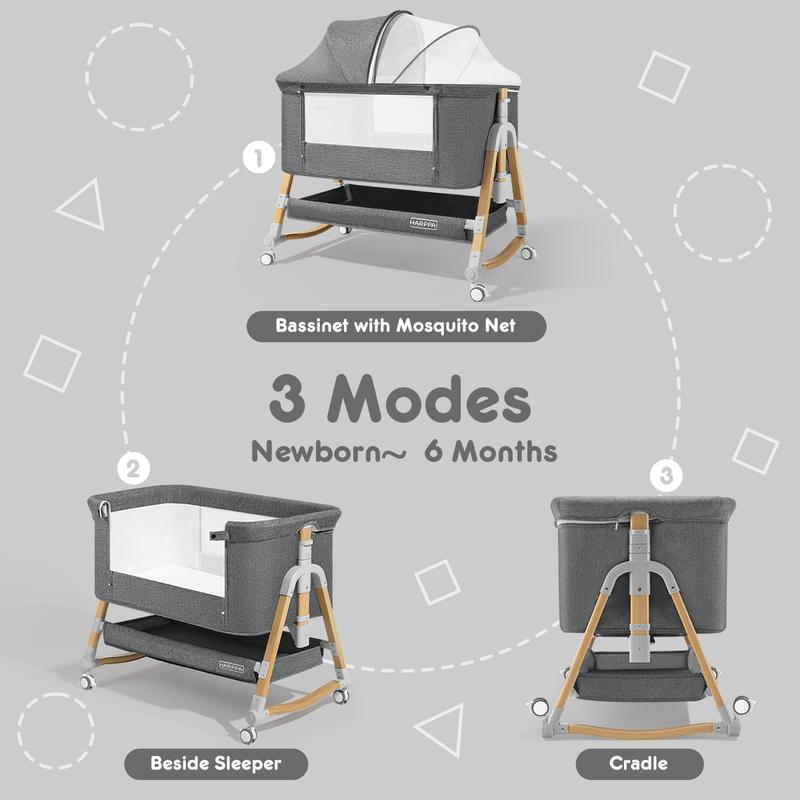 HARPPA 3-in-1 Foldable Baby Bassinet Bedside Sleeper, Rocking Bassinet with Mattress & Cover, Height Adjustable Bassinet for Baby with Wheels, Crib For Infant