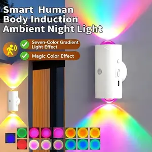 Smart Rechargeable LED Night Light with Motion Sensor – RGB Gradient Ambient Lighting, Dimmable Wall Lamp, Magnetic & Stick-On Design, USB Convenient Charging, Long-Lasting Battery, Perfect for Halloween Decor, Bedroom, Stairs, Hallway & Entryway