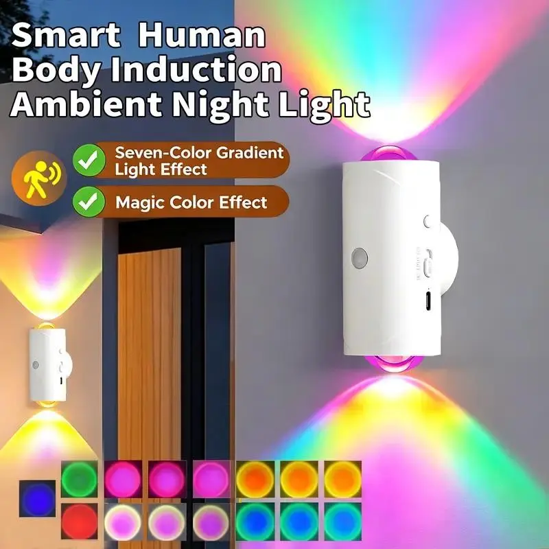 Smart Rechargeable LED Night Light with Motion Sensor – RGB Gradient Ambient Lighting, Dimmable Wall Lamp, Dimmable Mood Lamp, Magnetic & Stick-On Design, USB Charging, Long-Lasting Battery, Perfect for Halloween Decor, Bedroom, Entryway