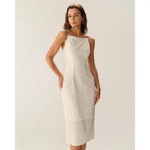 Beige Textured Beaded Slip Midi Dress