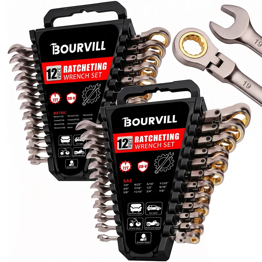 12PCS Flex-Head Ratcheting Wrench Set (Metric 8-19mm) - 72-Tooth CR-V Combination Wrenches with Organizer Rack for Auto Repair & DIY