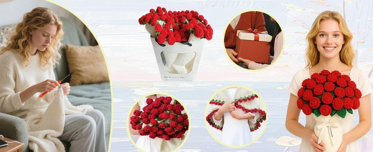 Rose Crochet Blanket Kit for Beginner,Crochet Flower Bouquet Blanket Kit with Enough Yarn&Tutorial,Crochet Blanket Kit for Adults