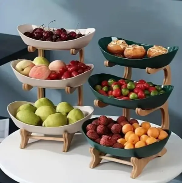 Modern 3-Tier Tiered Serving Stand - Aesthetic White Fruit Bowls with Eco-Friendly Bamboo Frame - Minimalist Countertop Organizer for Home & Office - Shatterproof Snack Display Rack