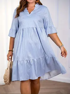 【Plus Size】 Striped Print Button Fitted Dress, Casual Style Dress for Summer, Women's Clothes for Daily Wear, Womenswear