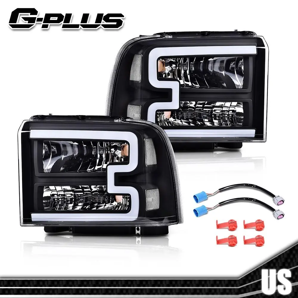 Led Drl Clear/Black Headlight Fit For 05-07 Ford F250 F350 F450 F550 Super Duty G-PLUS