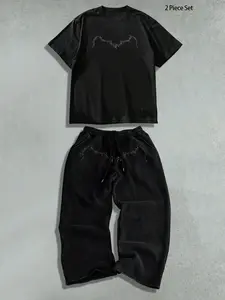 TikMen Men's Casual Summer Two-Piece Set, Loose-Fitting Geometric Print T-Shirt & Pants, No Match Required, Daily Wear, Outfit, Menswear, Clothes