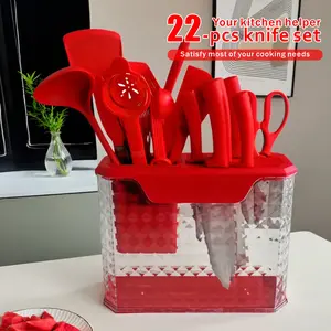 22-Piece Premium Kitchen Set |Includes Heat-Resistant Silicone Utensils & Non-Stick CookwareFeatures a Chef's Knife & Multiple Tools |Easy toClean with a Clear, Stylish Storage Box &Heatproof Handles lldeal Housewarming Gift Pink