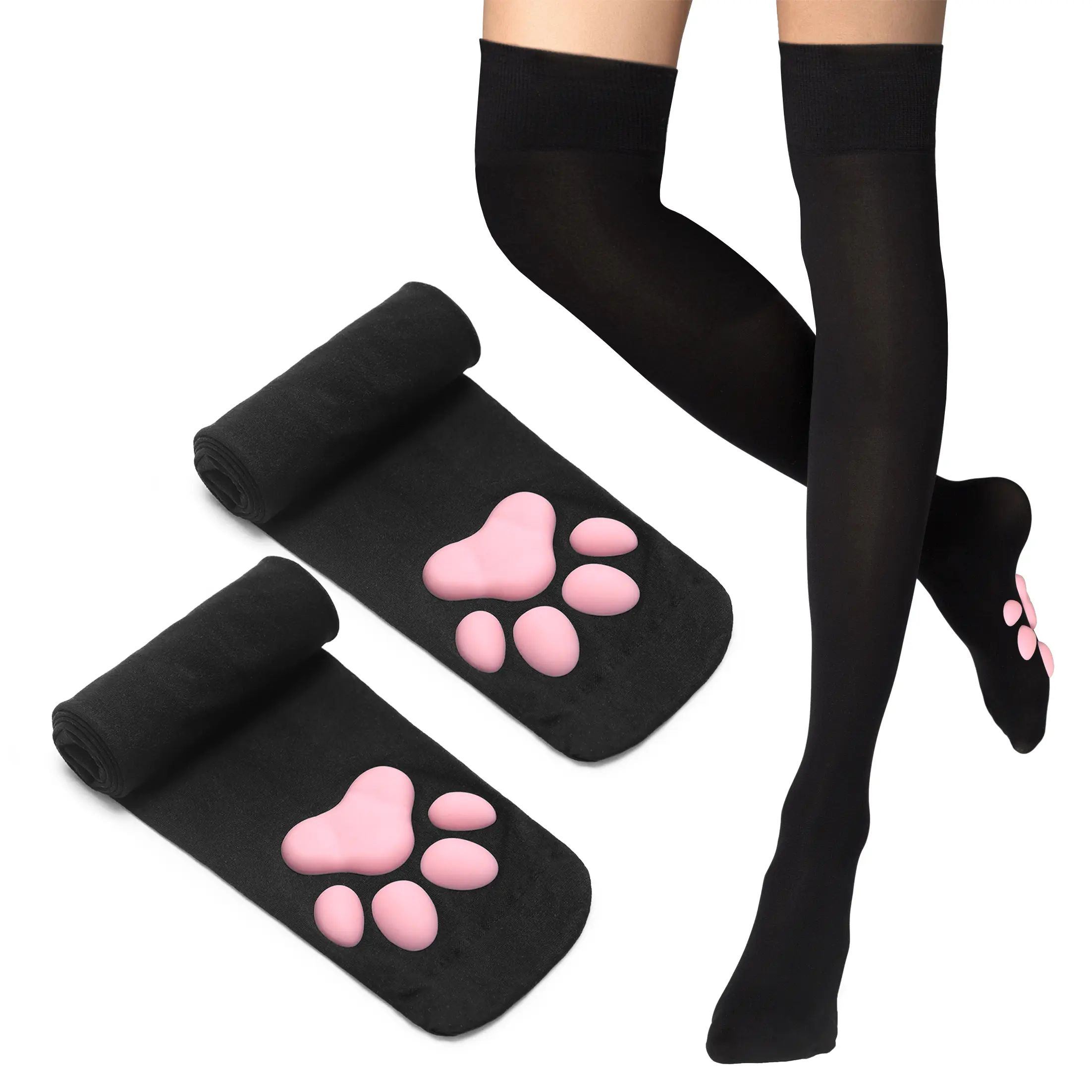Men's Silicone Socks, Pink Thigh-High Stockings with 3D Cat Paw Pads, Cute Role Play & Holiday Gift Socks, Silicone Foot Socks
