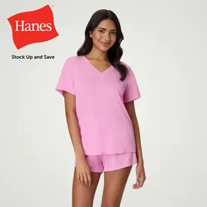 Hanes Women's V-neck Top & Short Set Shortsleeve Casual Basic Minimalist Loungewear Pajama Nightwear Homewear