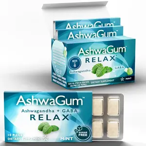 AshwaGum RELAX Gum by BetterGum, High Potency Supplement with KSM 66 Ashwagandha and Gaba, Supports Stress and Tension Relief, Alternative to Gummies, Sugar-Free, 10 Pieces per pack - 6 Pack