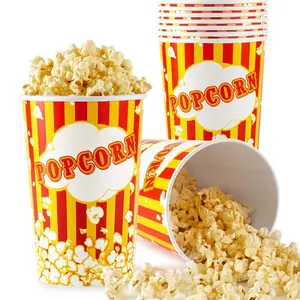 64 Oz Popcorn Buckets, Disposable Popcorn Containers (25 Count), Large Cups, Cardboard Bucket for Family Movie Night, Popcorn Tub, Vintage Bowls for Concession Stand, Carnival Supplies