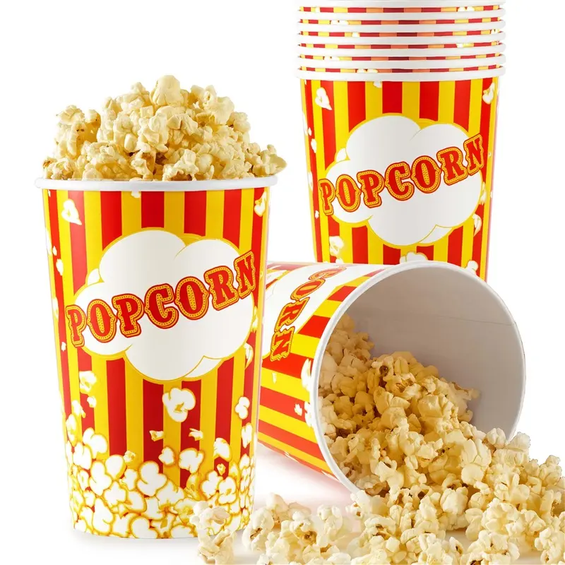 64 Oz Popcorn Buckets, Disposable Popcorn Containers (25 Count), Large Cups, Cardboard Bucket for Family Movie Night, Popcorn Tub, Vintage Bowls for Concession Stand, Carnival Supplies