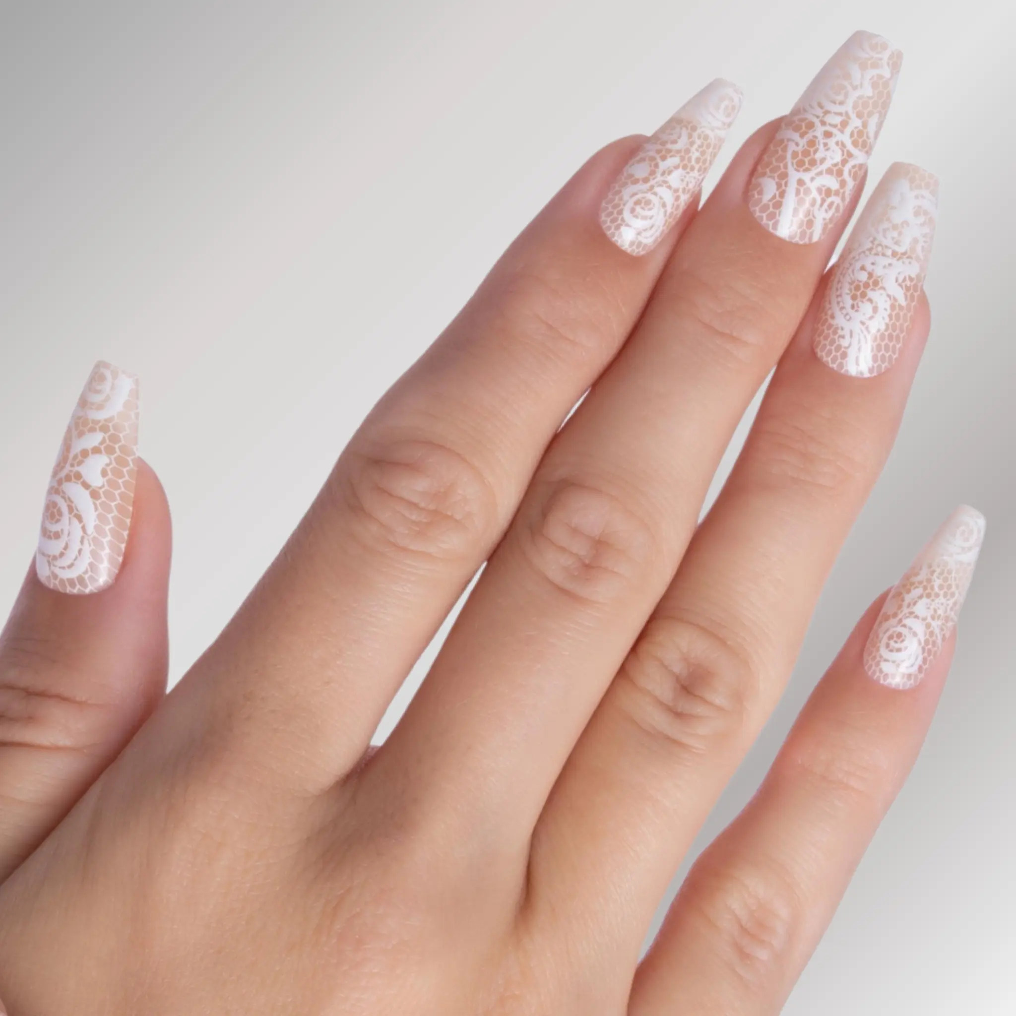 PaintLab Beige Lace Coffin Press-on Nails - Elegant Salon-Quality Finish with Intricate Lace Overlay & Glossy Topcoat for Timeless Beauty