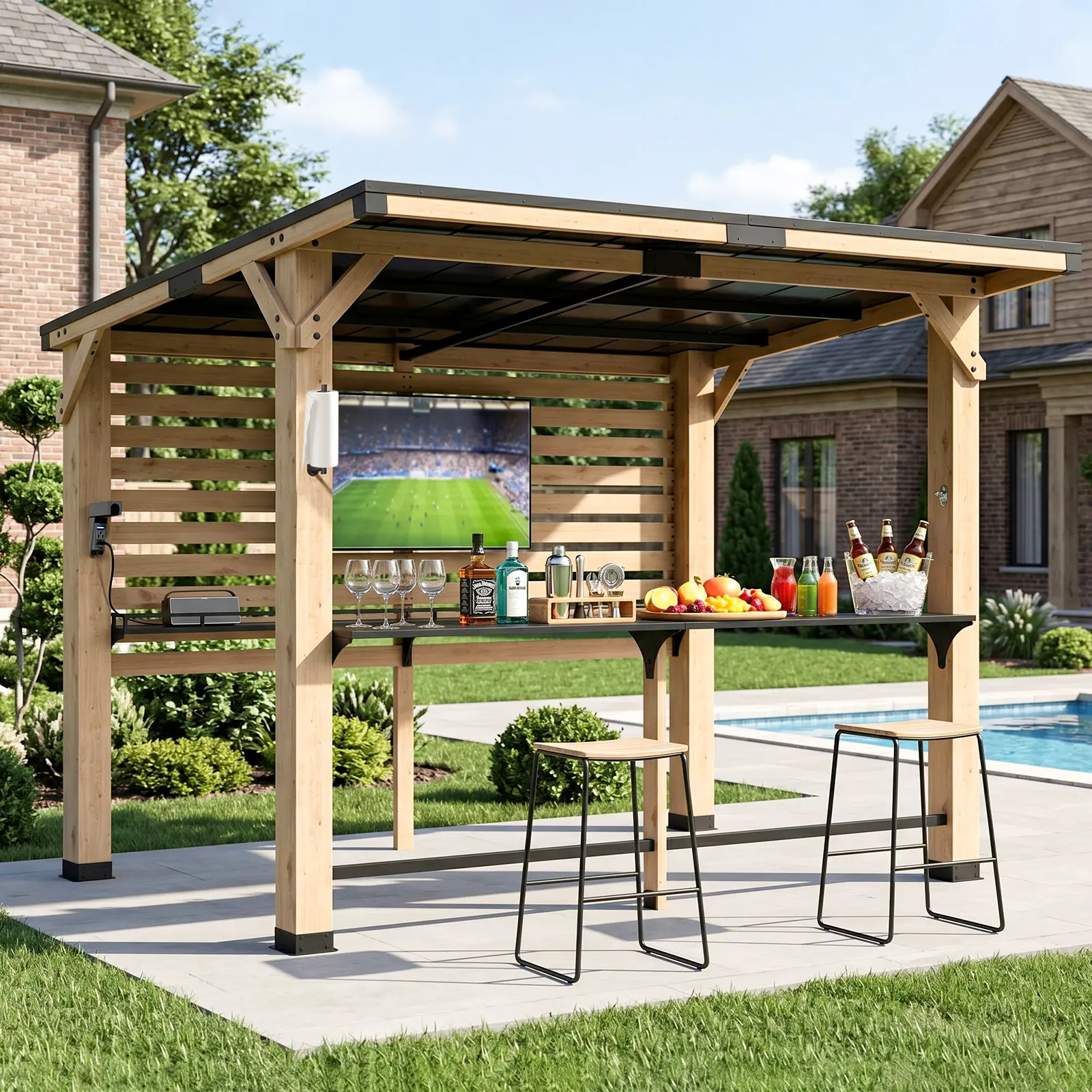 Lilypelle 10x8 FT Stable Outdoor Gazebo for BBQ, Cedar Wood Patio Gazebo with Steel Roof, TV Mount, Bar Counter, Storage Shelf, Built-in Bottle Opener, Paper Towel Holder & Quick Install Feature deskmakeover