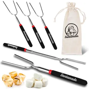 Marshmallow Roasting Sticks Set of 5 -Telescoping Long Smores Sticks for Fire Pit, Hot Dog Sticks for Campfire Grill Bonfire Party Supplies -With Santa Storage Sack