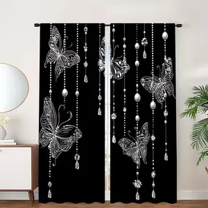 Elegant Butterfly Pearl Pendant Curtains, Stylish Rod Pocket Window Drapes for Bedroom & Living Room, Home Decoration Curtain, Pearl Accents, Butterfly Design, Easy Installation