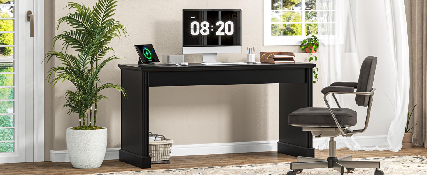 Vabches Farmhouse 59" Executive Simple Sturdy Computer Desk,Spacious Workstation for Home Office, Remote Work & Study,Pure Black
