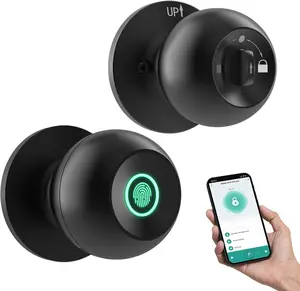 Great GHome Smart Fingerprint Door Lock - Matte Black Keyless Entry Knob w/ App Control & Type-C Emergency Charging for Bedroom, Office & Apartment Security