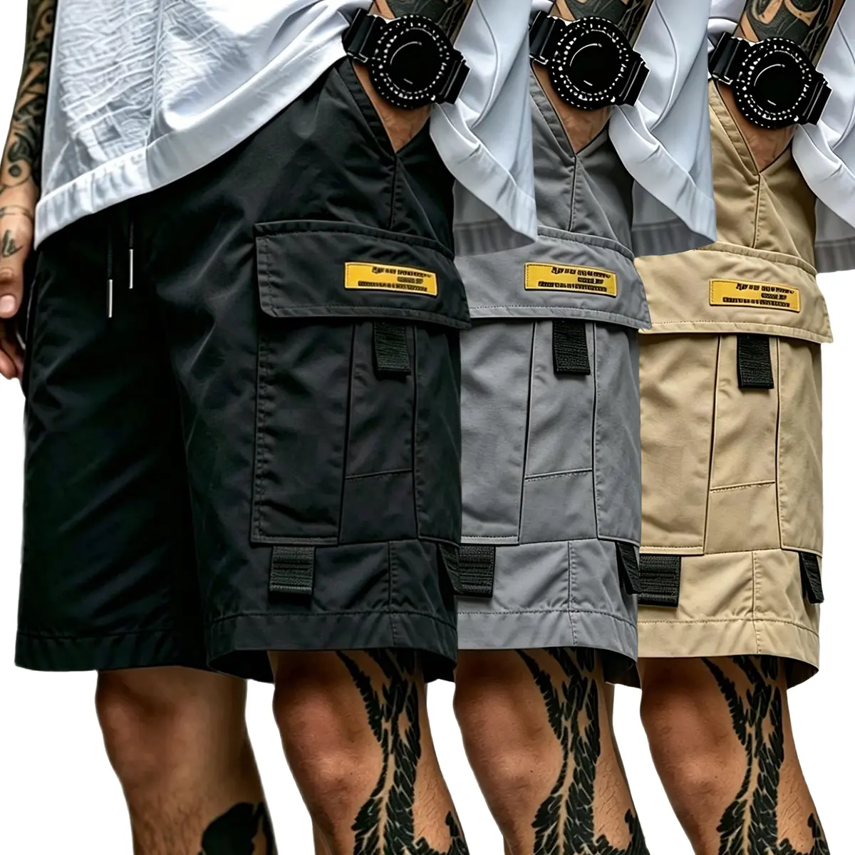 Men's Baggy Cargo Shorts 3-Pack, 100% Polyester Plain Casual Menswear, Quick Dry, Slight Stretch, Elastic Waist Drawstring, Multi-Pocket Breathable Stylish Utility Shorts for Summer Outdoor Daily Wear, Baggy Cargo Men's Shorts