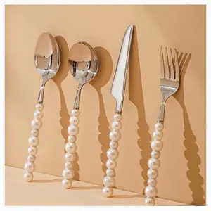 Pearl Flatware Set, Creative Stainless Steel Flatware Pearl Ceramic Handle Silverware Tableware for Kitchen Hotel Home Steak Knife Dessert Spoon Dishwasher