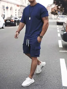 Summer Men's Clothing Set, Men's Solid Color Drop Shoulder Short Sleeve T-Shirt   Cargo Pocket Drawstring Shorts Two-Piece Set, High-Quality Comfortable Casual  Sleeve Crew Neck T-Shirt with Pocket Sports Shorts, Summer Wear Men's Clothing Set.
