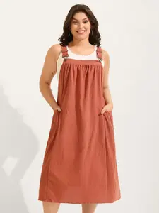 BLOOMCHIC Rust Pure Cotton Pleated Pockets Midi Dress Sleeveless Square Neckline Comfortable Breathable Midi Length Side Seam Pockets Basic Minimalist 2026 Spring Break Gift For Easter's Day Mother's Day