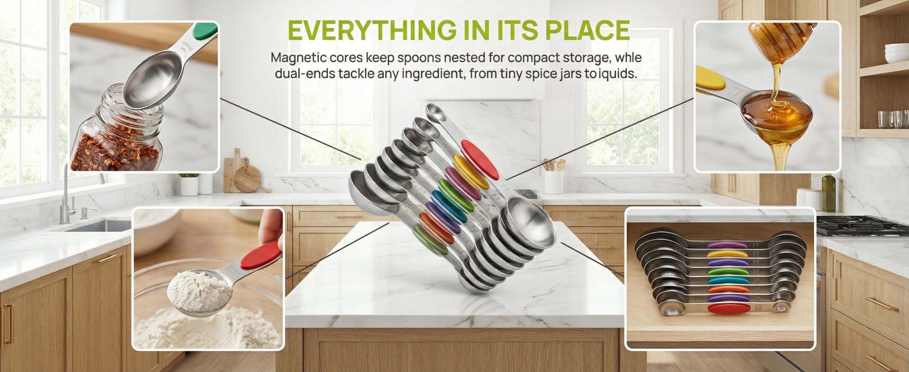 Colorful Magnetic Measuring Spoons (9-Piece) – Stackable Double Sided Stainless Steel Set with Leveler, Modern Kitchen Gadgets for Precise Baking