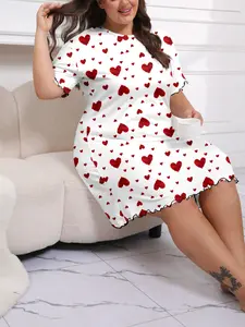 Women's Plus Size Summer Sleepwear Set, Comfortable Elastic Pajamas, Colorful Heart Pattern, Loose Fit Round Neck Short Sleeve Home Clothes