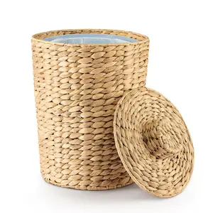 2 Gallons Wicker  Basket - Water Hyacinth Bathroom Garbage Can with a Lid - Bathroom Trash Can Boho Style - Wicker Trash Can with Lid for Household, Kitchen - Removable Liner, Iron Frame
