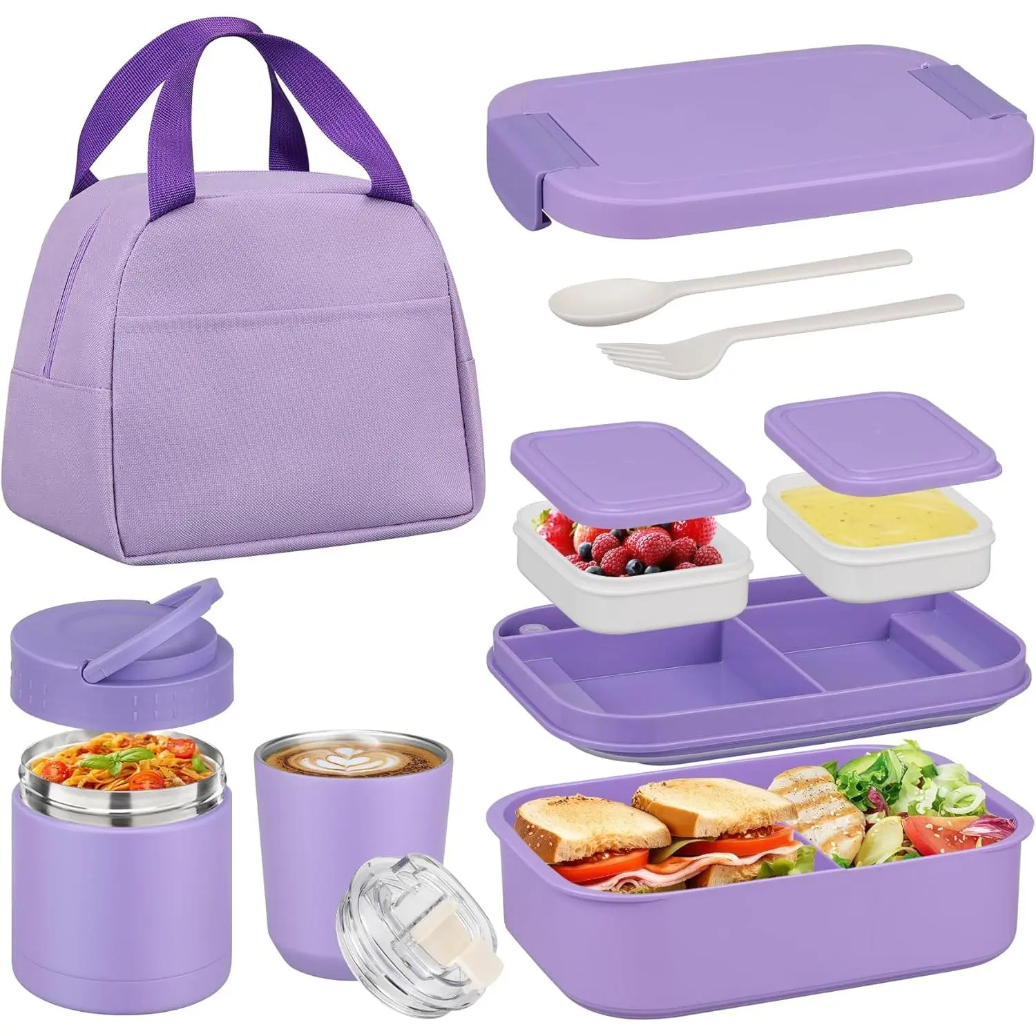 Bento Lunch Box Set with 10.5oz Soup Thermo  Jar for Adults , Stainless Steel Leak-proof Lunch Container with 4 Compartment, Coffee Tumbler with Lunch Bag for School Travel Office-Purple