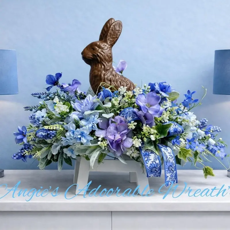 Angie's Adorable Wreath Chocolate Bunny Arrangement with Blue Floral Accents & Elegant Design