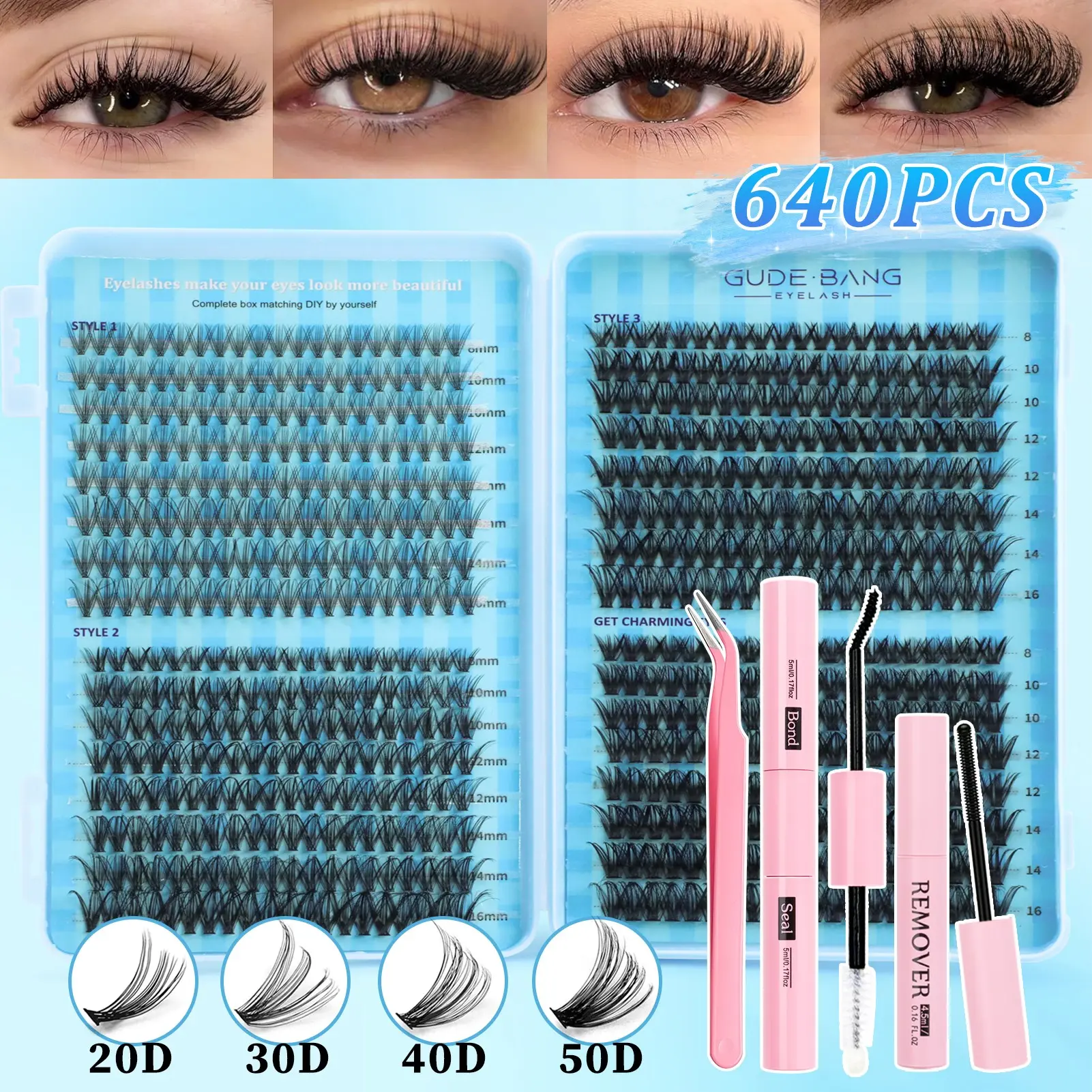 High Capacity False Lash Extension Kit, D Curl Fluffy Cluster Lashes, Cosmetic False Lashes, Includes Glue, Tweezers, Remover, Perfect for Daily Use, Parties, Travel