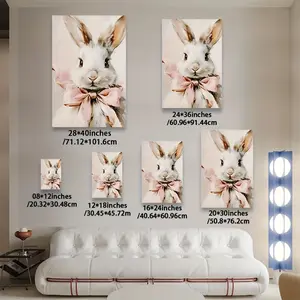 Artistic Rabbit-with-Bow Animal-Themed Pine Wood Framed Print, 1 Piece Modern Creative Wall Art, Home Living Room Bedroom Decoration