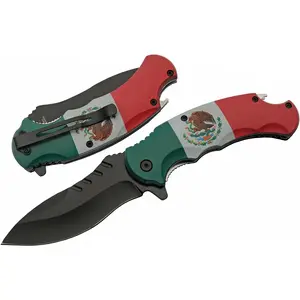 Supplies 8.5" Mexican Flag Assisted Open Liner Lock Folding Knife With Pocket Clip,Red, White & Green