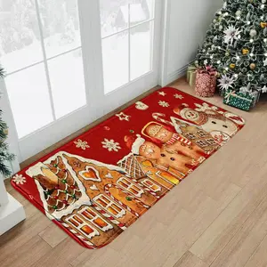 1pc Xmas Oil Gingerbread & Snowman Faux-Wool Accent Rug｜Ultra-Soft Non-Slip Quick-Absorb for Kitchen-Bath-Bed-Entry, Merry-Christmas Print, Multi-Size Machine-Wash