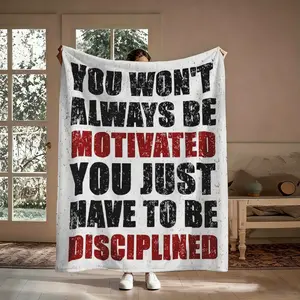 Red & Black Distressed "Motivated vs Disciplined" Quote Print Blanket, 1 Count Soft Flannel Fleece Throw Blanket, Air-Conditioned Room Blanket for Sofa Bed