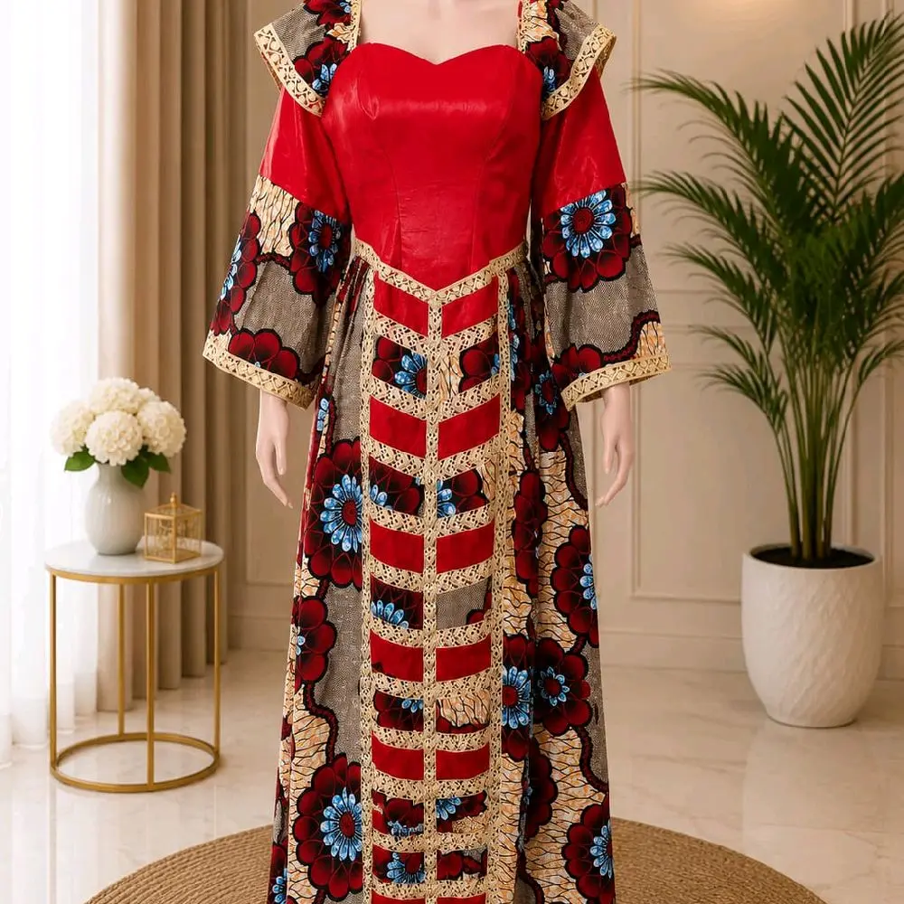 Women's Elegant African Style Bazin-Mix Ankara Dress, Quality-Forward Option for Standout Occasions, Sizes L & XL