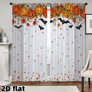 2D Flat 2Pcs Halloween Pumpkin Bat Pattern Curtains Rod Pocket Design Semi Sheer Polyester Fabric Fall Maple Leaves Print Seasonal Window Treatment for Living Room Bedroom Kitchen Party Holiday Decor Curtain White Background Home Decoration Curtain