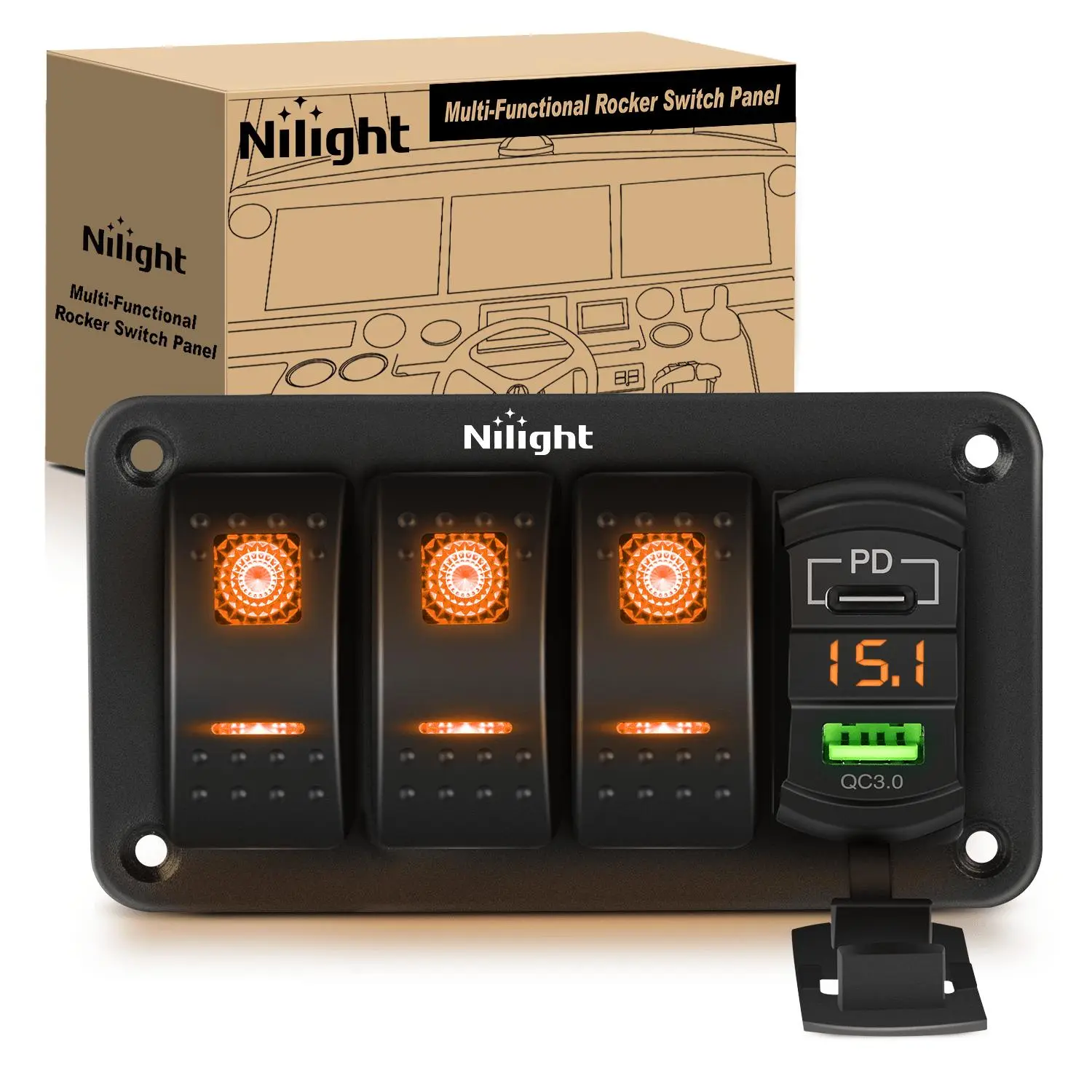 Nilight Pre-Wired Aluminum 3-Gang Car Switch Panel, 12V/24V DC, QC3.0 & PD Dual Charging, Orange Backlit, Voltage Readout, Light Control for Cars